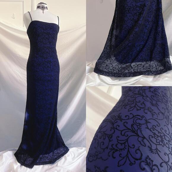 Vintage Y2K Whimsigoth Blue Black Velvet Burnout Maxi Gown Goth Prom Dress 90s
